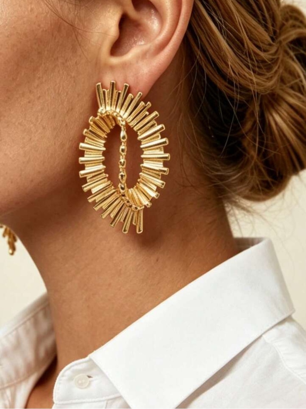Radiant Sunburst Gold Earrings Modern Sculptural Oval Earrings